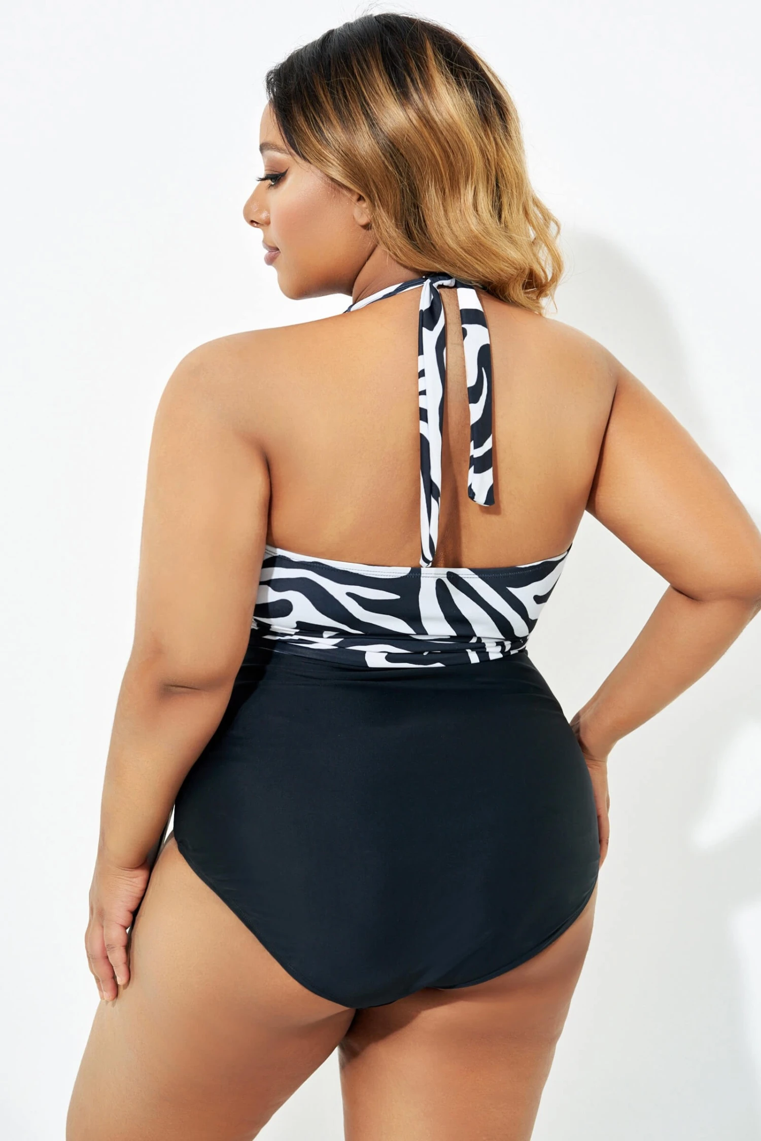 Black & White Faux Wrap Halter One Piece Swimsuit 4 Black & White Faux Wrap Halter One Piece Swimsuit - Image 2