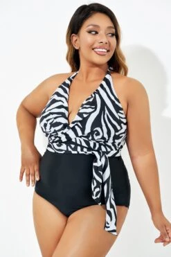 Black & White Faux Wrap Halter One Piece Swimsuit 10 Black & White Faux Wrap Halter One Piece Swimsuit -Maraluxe Swimwear Shop b deop035006 3