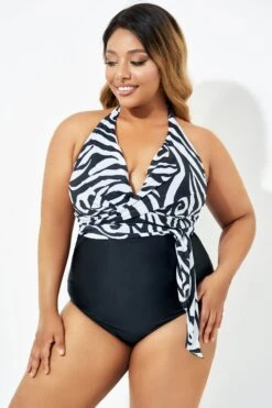 Black & White Faux Wrap Halter One Piece Swimsuit 11 Black & White Faux Wrap Halter One Piece Swimsuit -Maraluxe Swimwear Shop b deop035006 4