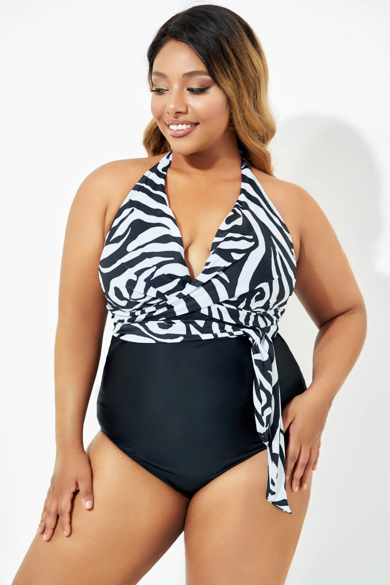 Black & White Faux Wrap Halter One Piece Swimsuit 6 Black & White Faux Wrap Halter One Piece Swimsuit - Image 4