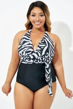 Black & White Faux Wrap Halter One Piece Swimsuit 13 Black & White Faux Wrap Halter One Piece Swimsuit -Maraluxe Swimwear Shop b deop035006 6