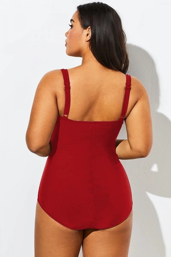 Wine Red Tummy Control Halter One Piece Swimsuit 4 Wine Red Tummy Control Halter One Piece Swimsuit - Image 2