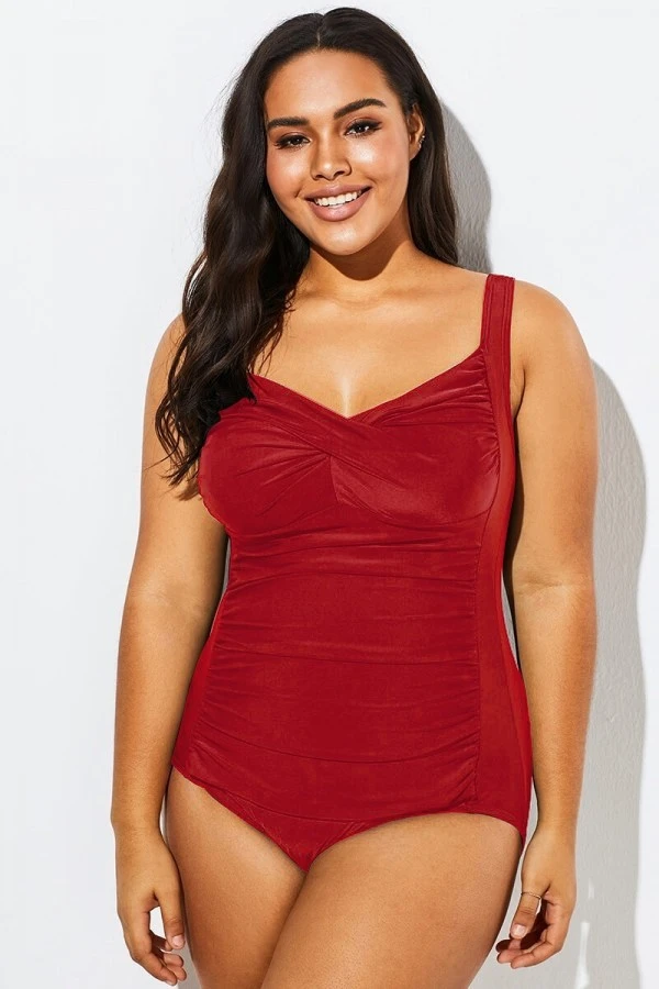 Wine Red Tummy Control Halter One Piece Swimsuit 3 Wine Red Tummy Control Halter One Piece Swimsuit