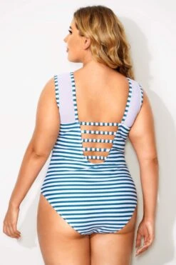 Blue & White Stripes Mesh One Piece Swimsuit -Maraluxe Swimwear Shop b deop089004 2