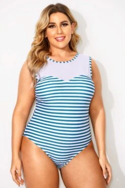 Blue & White Stripes Mesh One Piece Swimsuit -Maraluxe Swimwear Shop b deop089004 4