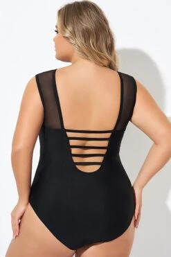 Black Mesh Wide Shoulder One Piece Swimsuit -Maraluxe Swimwear Shop b deop089008 2