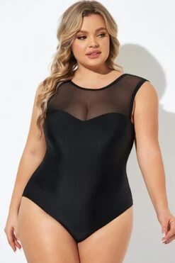 Black Mesh Wide Shoulder One Piece Swimsuit -Maraluxe Swimwear Shop b deop089008 4