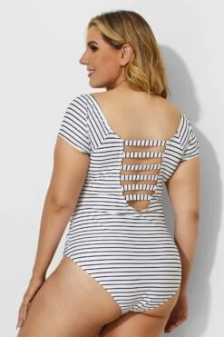 Black & White Stripes Modest Elastic One Piece Swimsuit -Maraluxe Swimwear Shop b deop090001 2