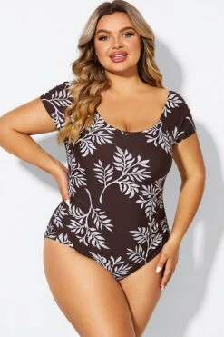V-Neck Leaf Print Ruffles Sleeves One Piece Swimsuit -Maraluxe Swimwear Shop b deop090011 4