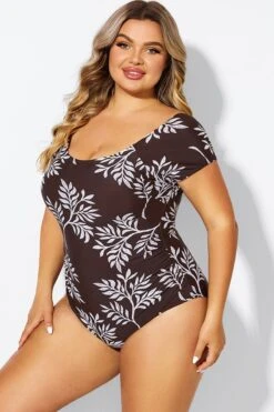 V-Neck Leaf Print Ruffles Sleeves One Piece Swimsuit -Maraluxe Swimwear Shop b deop090011 5