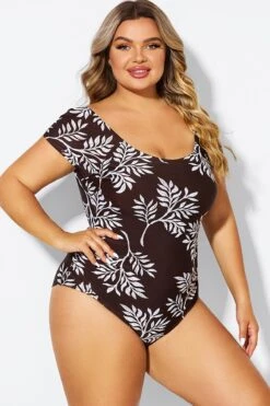 V-Neck Leaf Print Ruffles Sleeves One Piece Swimsuit -Maraluxe Swimwear Shop b deop090011 6