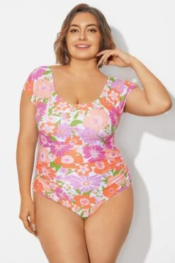 Floral Print Short Sleeve Elastic One Piece Swimsuit -Maraluxe Swimwear Shop b deop090012 3