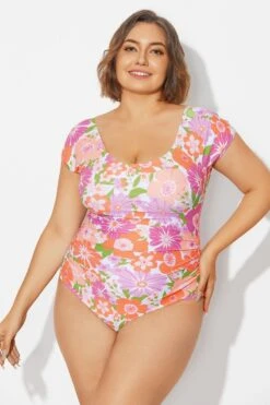 Floral Print Short Sleeve Elastic One Piece Swimsuit -Maraluxe Swimwear Shop b deop090012 5