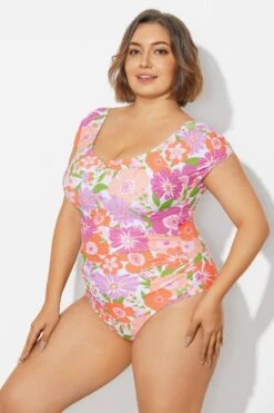 Floral Print Short Sleeve Elastic One Piece Swimsuit -Maraluxe Swimwear Shop b deop090012 6