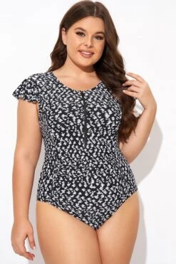 Floral Frill Sleeve Women One Piece Swimsuit -Maraluxe Swimwear Shop b deop093006 4 1