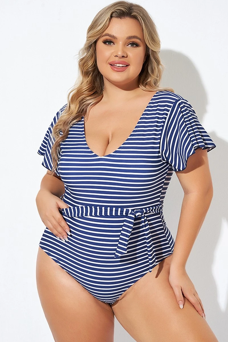 Blue And White Stripe Women One Piece Swimsuit 3 Blue And White Stripe Women One Piece Swimsuit