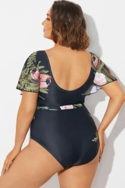 Floral Print Ruffle Sleeves One Piece Swimsuit -Maraluxe Swimwear Shop b deop124007 2