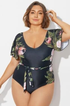 Floral Print Ruffle Sleeves One Piece Swimsuit -Maraluxe Swimwear Shop b deop124007 3