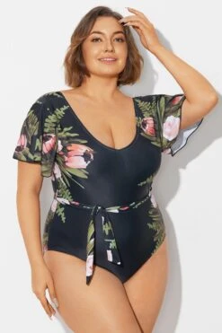 Floral Print Ruffle Sleeves One Piece Swimsuit -Maraluxe Swimwear Shop b deop124007 6