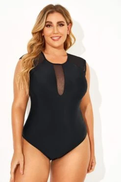 Black Sexy Mesh Shoulder One Piece Swimsuit 11 Black Sexy Mesh Shoulder One Piece Swimsuit -Maraluxe Swimwear Shop b deop143001 1