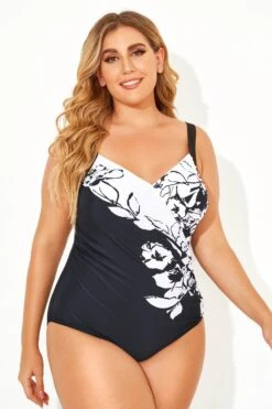 Black & White Flower Printed One Piece Swimsuit -Maraluxe Swimwear Shop b deop148001 2