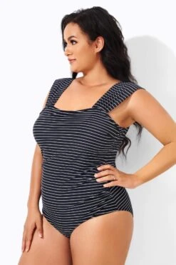 Black & White Striped Thick Strap One Piece Swimsuit -Maraluxe Swimwear Shop b deop163001 2