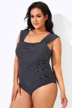 Black & White Striped Thick Strap One Piece Swimsuit -Maraluxe Swimwear Shop b deop163001 4