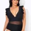 Black Ruffle Plunge V Neck One Piece Swimsuit -Maraluxe Swimwear Shop b deop164001 1