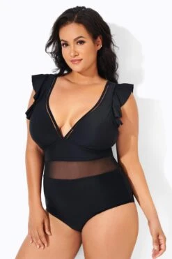 Black Ruffle Plunge V Neck One Piece Swimsuit 9 Black Ruffle Plunge V Neck One Piece Swimsuit -Maraluxe Swimwear Shop b deop164001 4