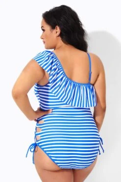 Blue & White Striped Adjustable Strap One Piece Swimsuit -Maraluxe Swimwear Shop b deop166001 2