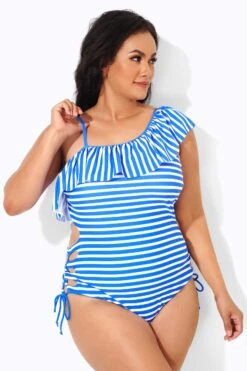 Blue & White Striped Adjustable Strap One Piece Swimsuit -Maraluxe Swimwear Shop b deop166001 3