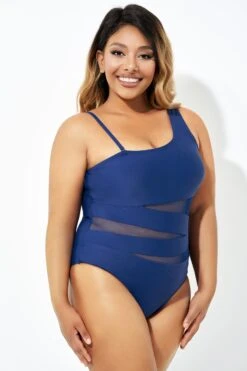 Navy Blue One Shoulder Mesh One Piece Swimsuit -Maraluxe Swimwear Shop b deop181002 1