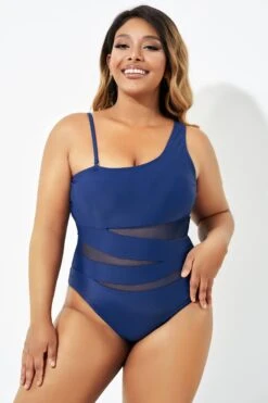 Navy Blue One Shoulder Mesh One Piece Swimsuit -Maraluxe Swimwear Shop b deop181002 4