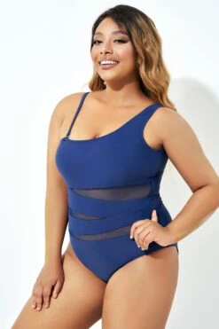 Navy Blue One Shoulder Mesh One Piece Swimsuit -Maraluxe Swimwear Shop b deop181002 5