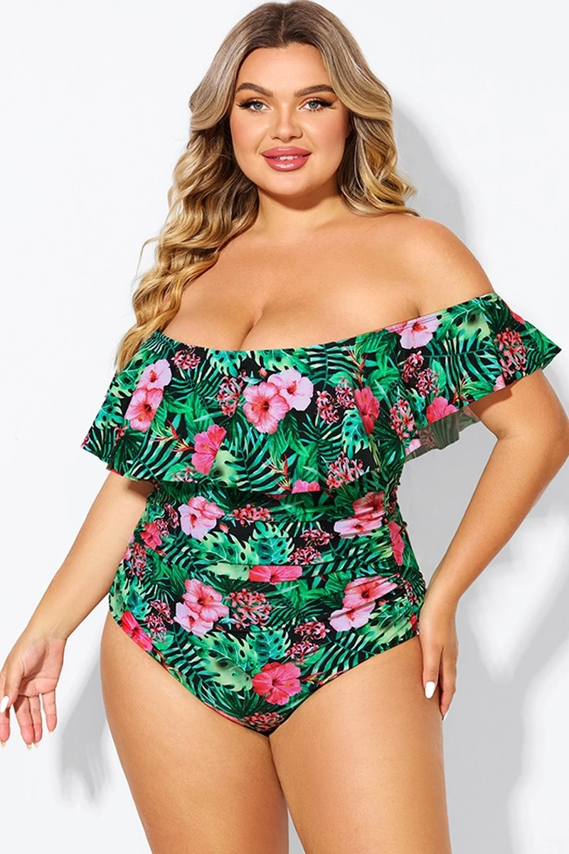 Floral Print Bandeau Off The Shoulder Ruffle One Piece Swimsuit 5 Floral Print Bandeau Off The Shoulder Ruffle One Piece Swimsuit - Image 3