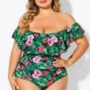 Floral Print Bandeau Off The Shoulder Ruffle One Piece Swimsuit -Maraluxe Swimwear Shop b deop183006 3