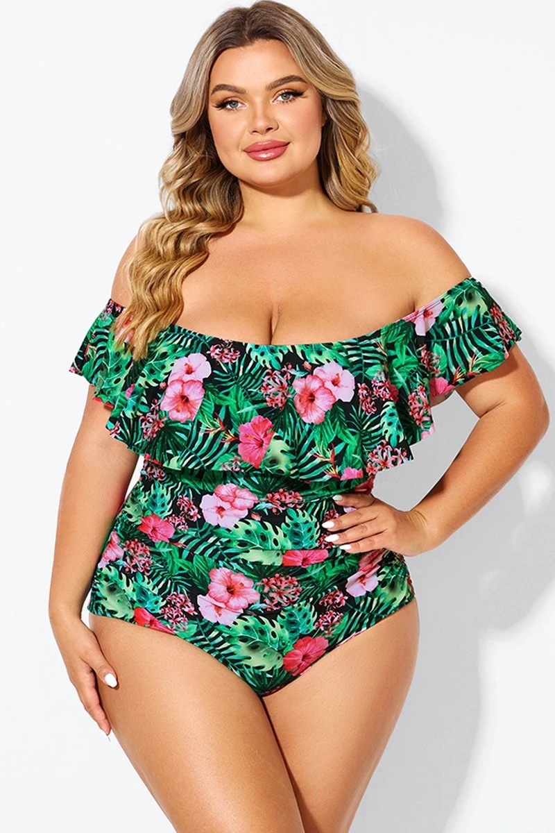 Floral Print Bandeau Off The Shoulder Ruffle One Piece Swimsuit 3 Floral Print Bandeau Off The Shoulder Ruffle One Piece Swimsuit