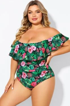 Floral Print Bandeau Off The Shoulder Ruffle One Piece Swimsuit 11 Floral Print Bandeau Off The Shoulder Ruffle One Piece Swimsuit -Maraluxe Swimwear Shop b deop183006 4