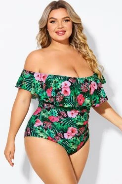 Floral Print Bandeau Off The Shoulder Ruffle One Piece Swimsuit 12 Floral Print Bandeau Off The Shoulder Ruffle One Piece Swimsuit -Maraluxe Swimwear Shop b deop183006 5