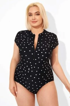 Polka Dots Zipper One Piece Swimsuit With Cap Sleeves -Maraluxe Swimwear Shop b deop187001 5