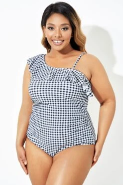 Black & White Gingham One-Shoulder One Piece Swimsuit -Maraluxe Swimwear Shop b deop190001 6