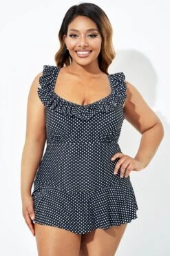 Black Polka Dot Ruffles Elegant One Piece Swimsuit -Maraluxe Swimwear Shop b deop207001 3