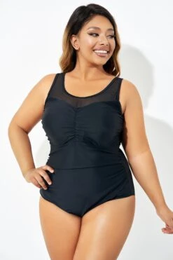 Black Mesh Ruching Tummy Control One Piece Swimsuit -Maraluxe Swimwear Shop b deop209001 3