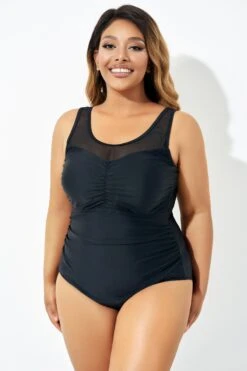 Black Mesh Ruching Tummy Control One Piece Swimsuit -Maraluxe Swimwear Shop b deop209001 4