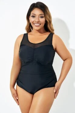 Black Mesh Ruching Tummy Control One Piece Swimsuit -Maraluxe Swimwear Shop b deop209001 5