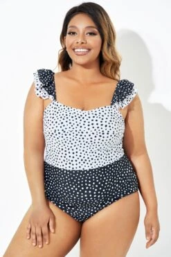 Black & White Polka Dots Ruffles One Piece Swimsuit -Maraluxe Swimwear Shop b deop223001 6