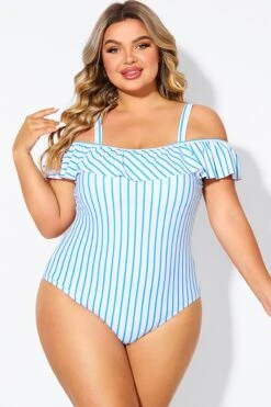 Blue & White Striped Off The Shoulder One Piece Swimsuit -Maraluxe Swimwear Shop b deop263002 1