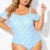 Blue & White Striped Off The Shoulder One Piece Swimsuit -Maraluxe Swimwear Shop b deop263002 3