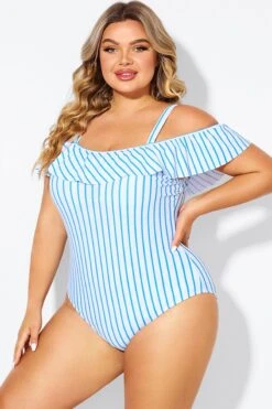 Blue & White Striped Off The Shoulder One Piece Swimsuit -Maraluxe Swimwear Shop b deop263002 4