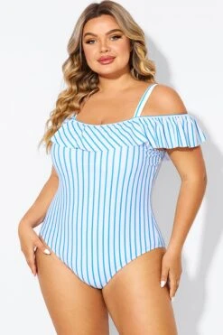Blue & White Striped Off The Shoulder One Piece Swimsuit -Maraluxe Swimwear Shop b deop263002 5